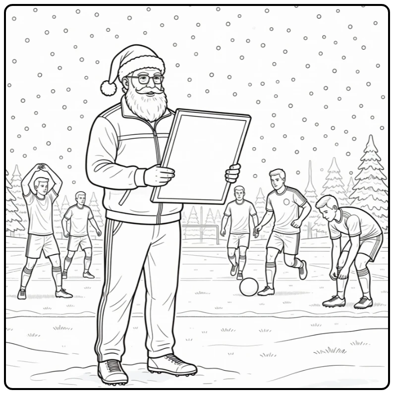 kleurplaat kerst voetbal met Santa coach en spelers