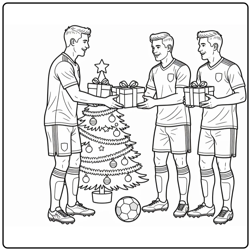 kleurplaat kerst voetbal met spelers die cadeaus uitwisselen