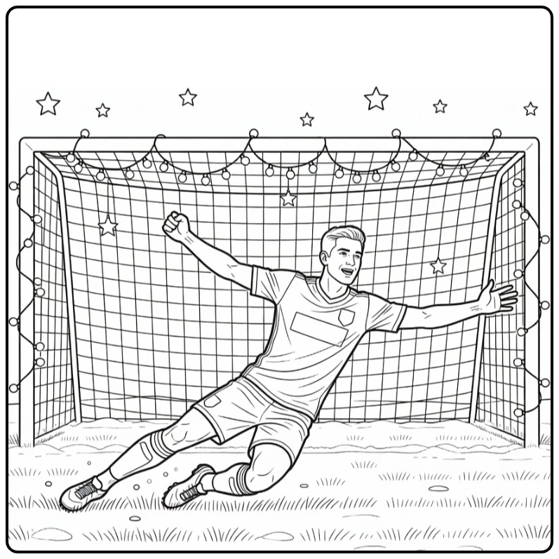 kleurplaat kerst voetbal scorer in sneeuw bij versierd doel