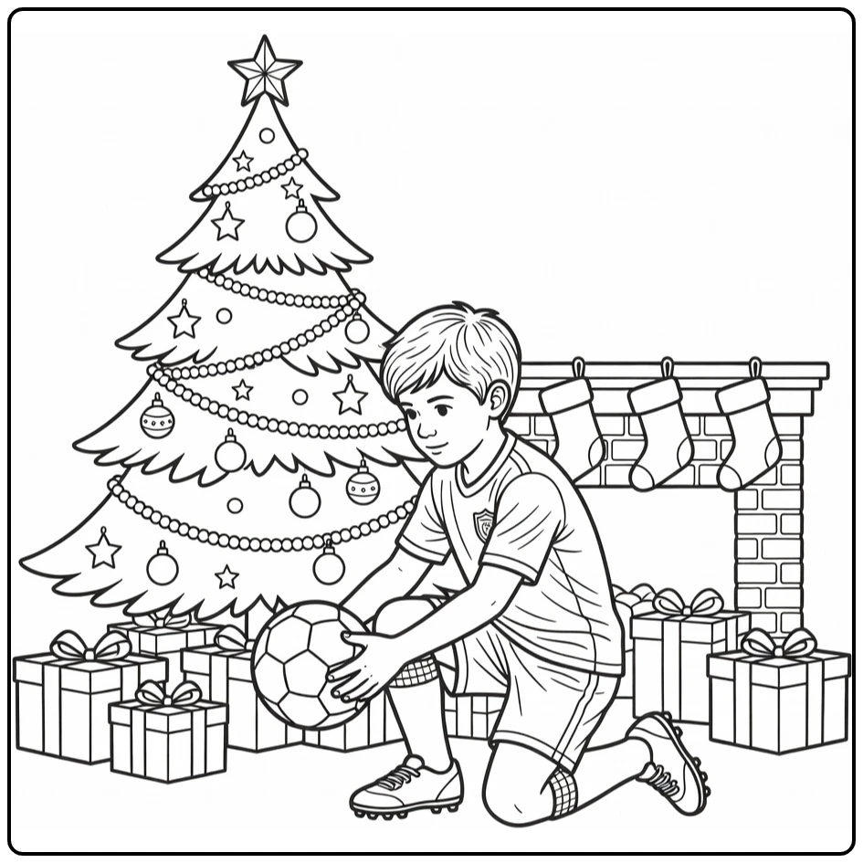kleurplaat kerst voetbal kind bij kerstboom met cadeaus