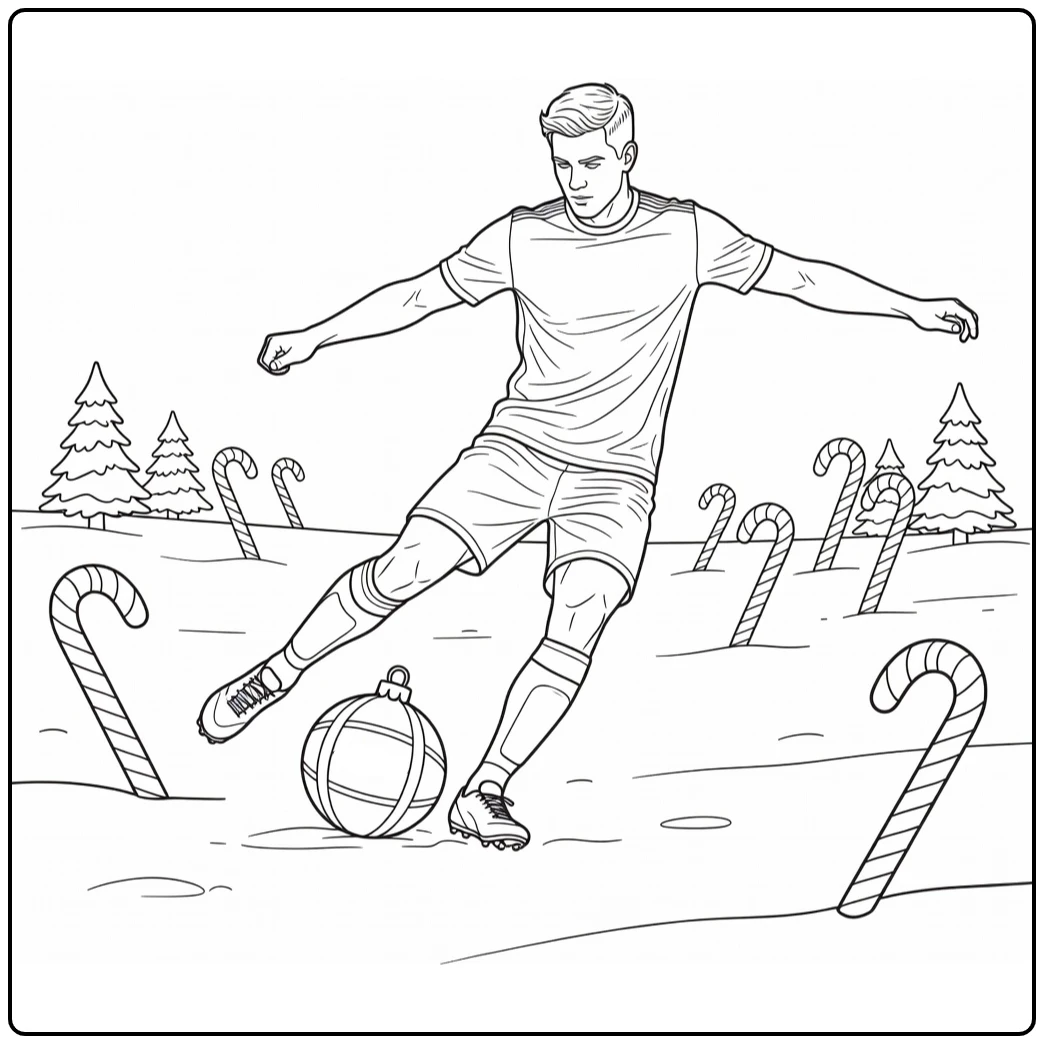 Kleurplaat kerst voetbal met speler en kerstornament