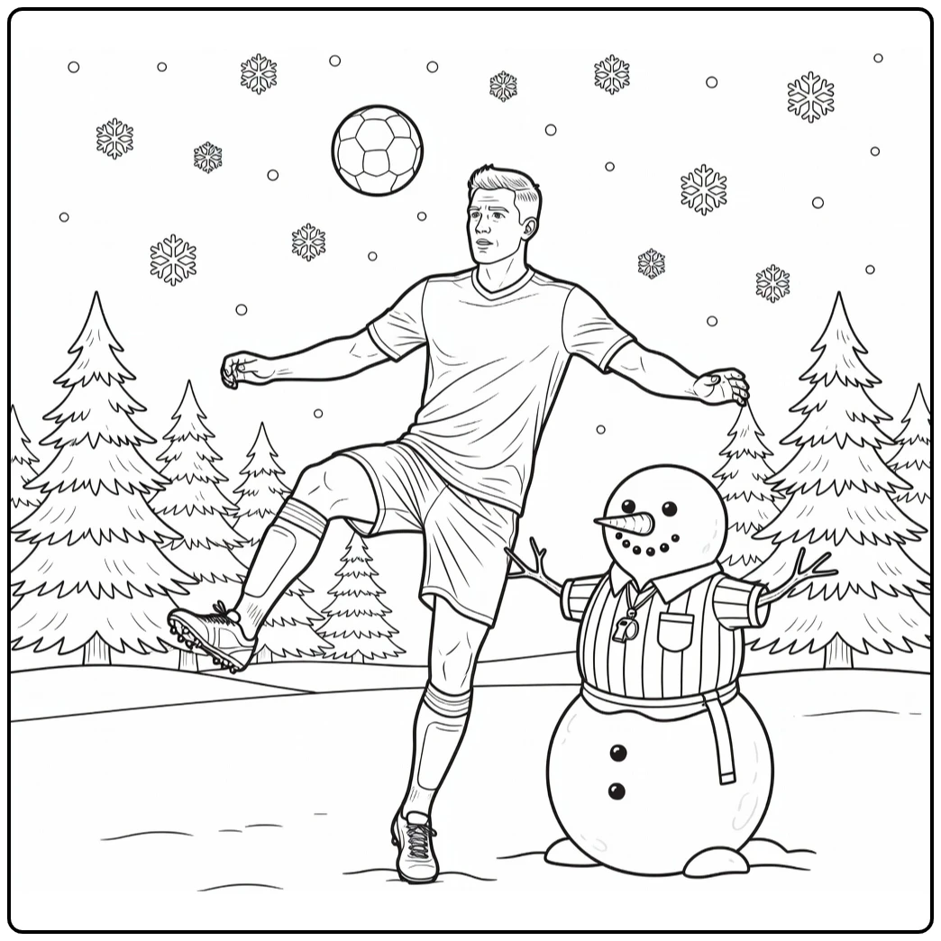 kleurplaat kerst voetbal met speler en sneeuwpop scheidsrechter