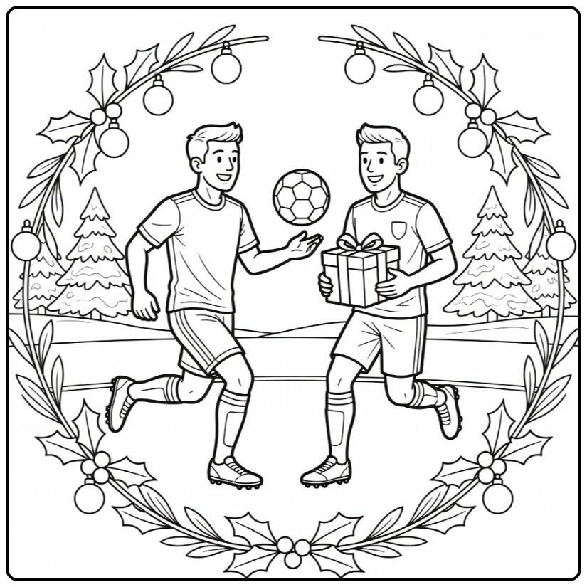 Kleurplaat Kerst Voetbal met twee voetballers en cadeau