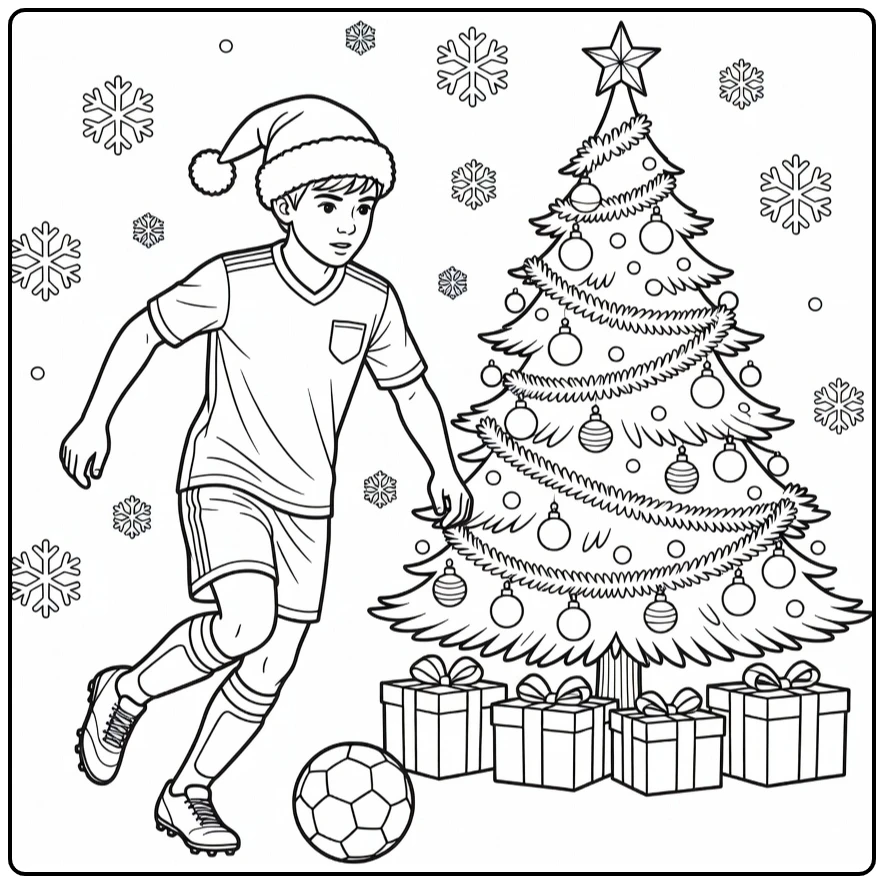 kleurplaat kerst voetbal speler in hoed bij boom