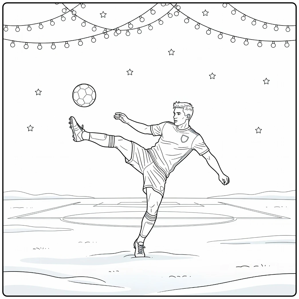 kleurplaat kerst voetbal met omhaal onder kerstlichten