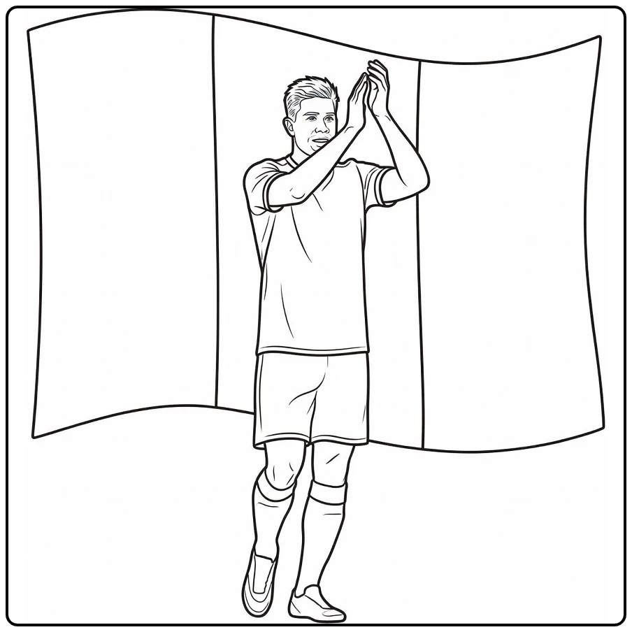 kleurplaat kevin de bruyne klappend in voetbaltenue met vlag