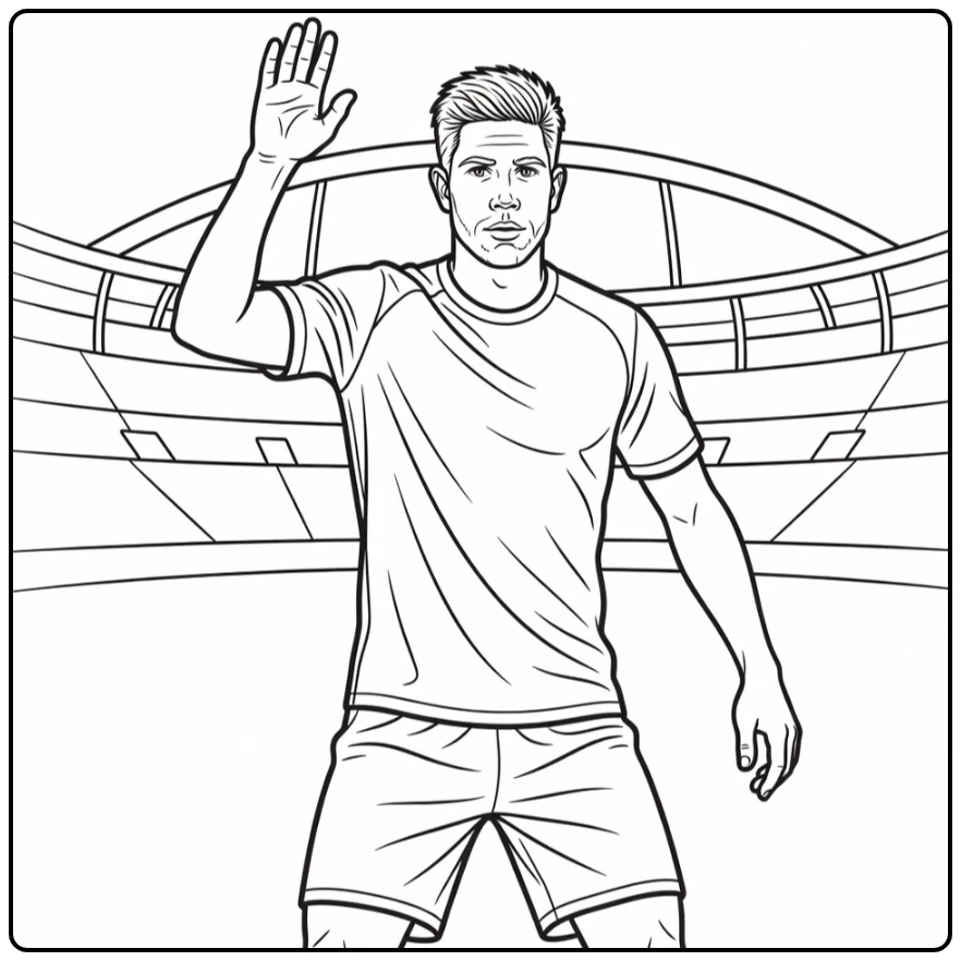 kleurplaat kevin de bruyne met hand omhoog voor pass