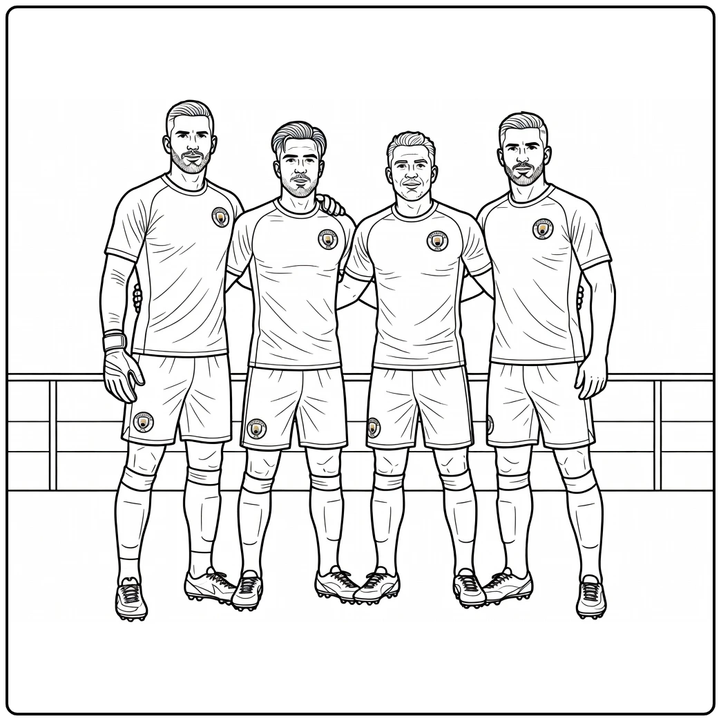 kleurplaat manchester city vier spelers in team pose