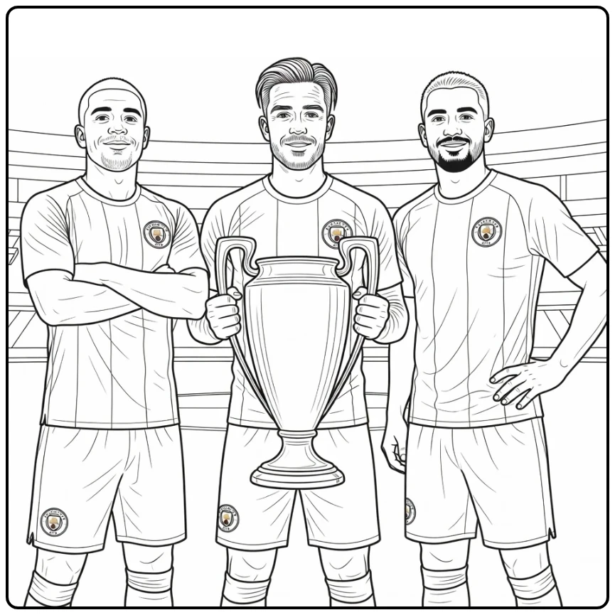 kleurplaat manchester city met spelers en trofee