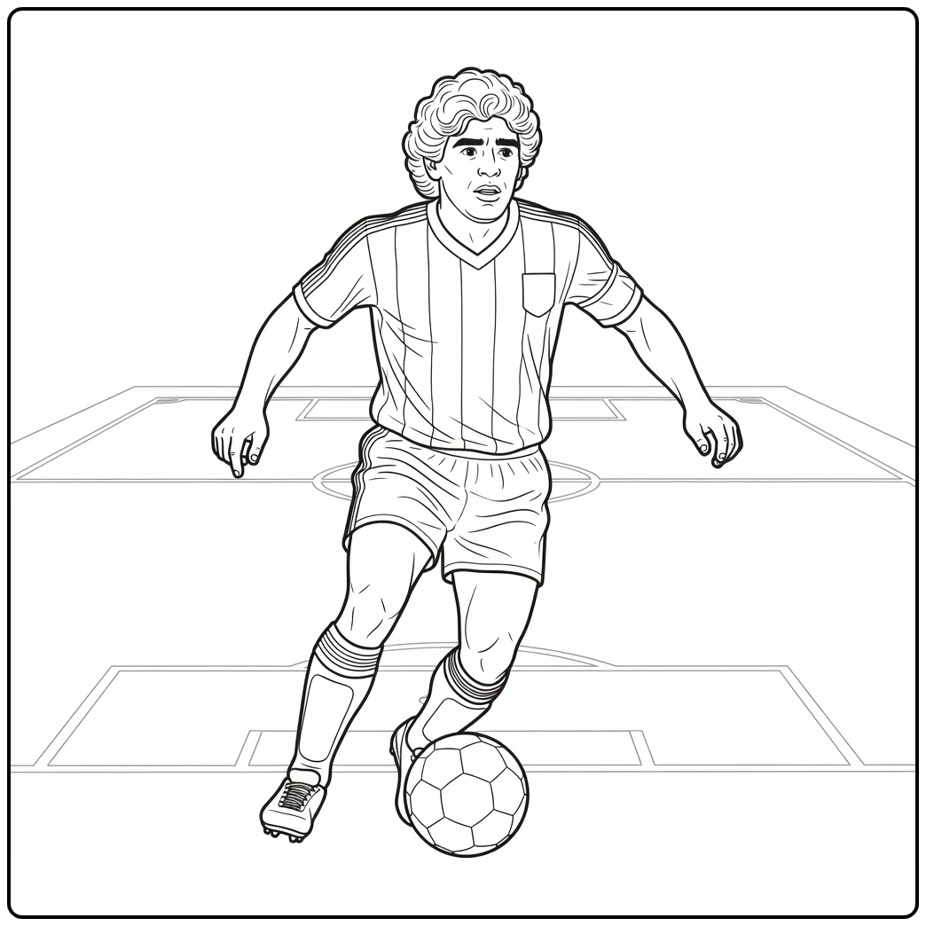 kleurplaat maradona dribbelt met bal op voetbalveld