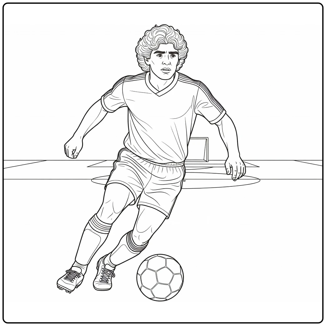 kleurplaat maradona dribbelt met bal en controle