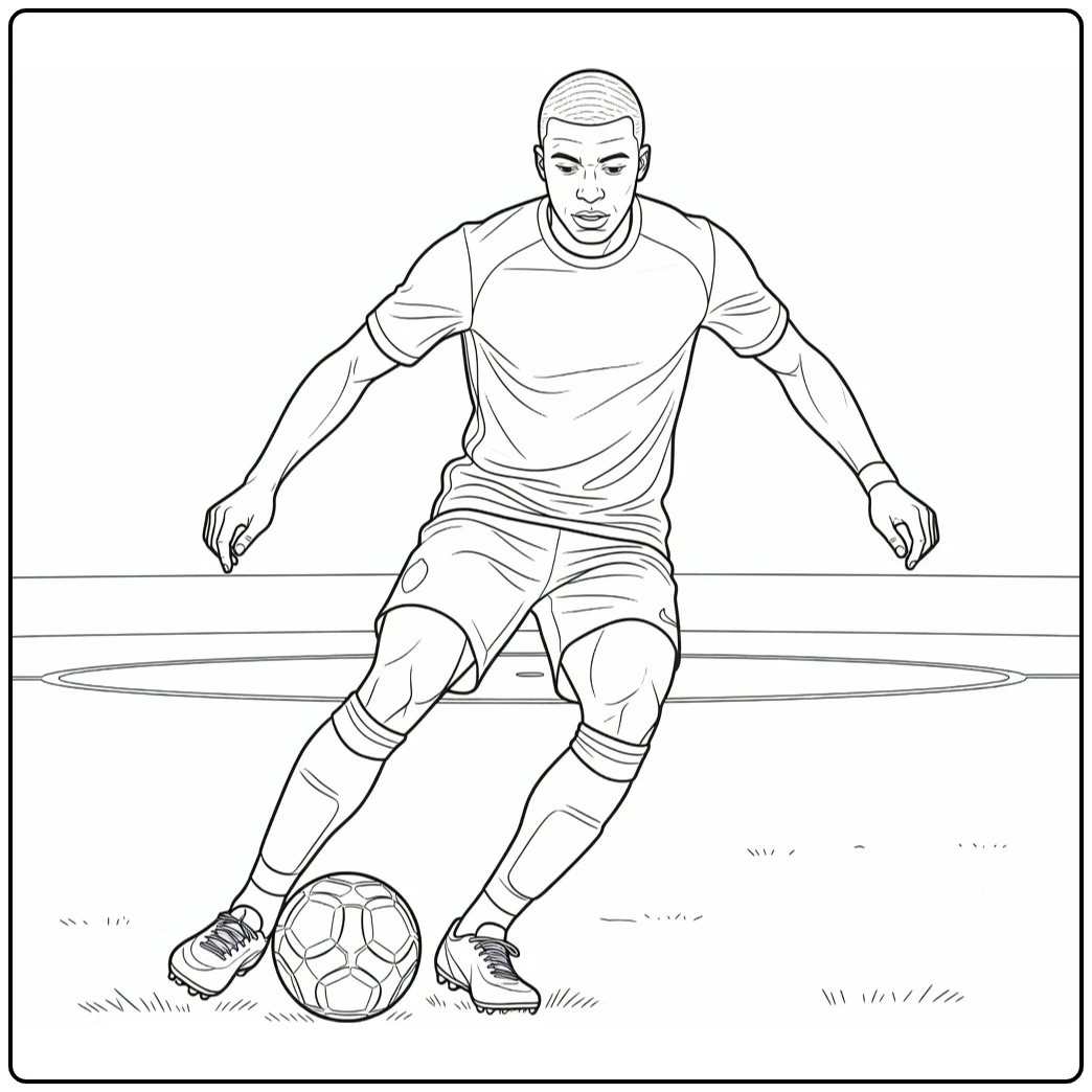 kleurplaat mbappe met step-over op voetbalveld