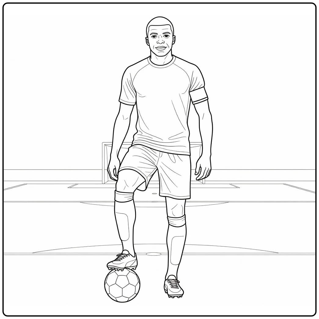 kleurplaat mbappe met trotse pose en bal onder voet