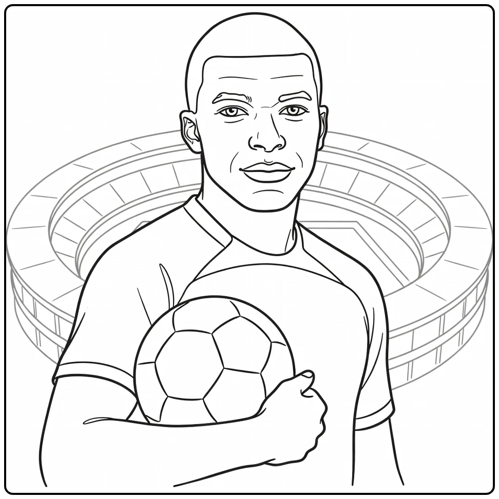 kleurplaat mbappe close-up met voetbal en stadion