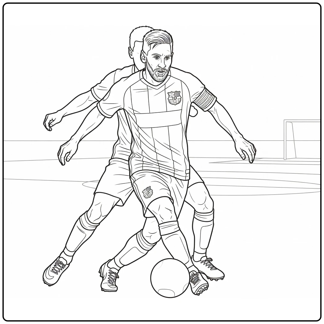 kleurplaat messi barcelona van Messi die een verdediger passeert