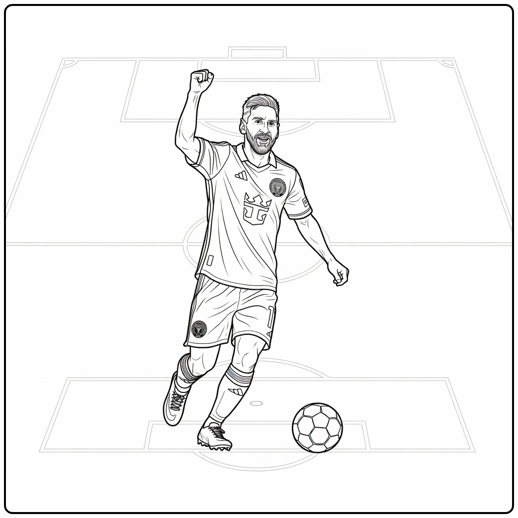 kleurplaat messi miami van Messi die zijn arm opsteekt na goal