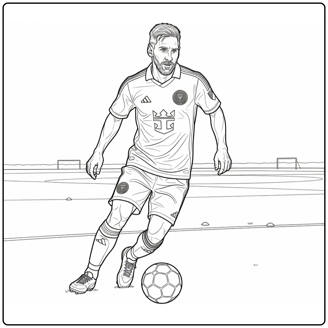 kleurplaat messi miami Lionel Messi dribbelt bal in Miami kit