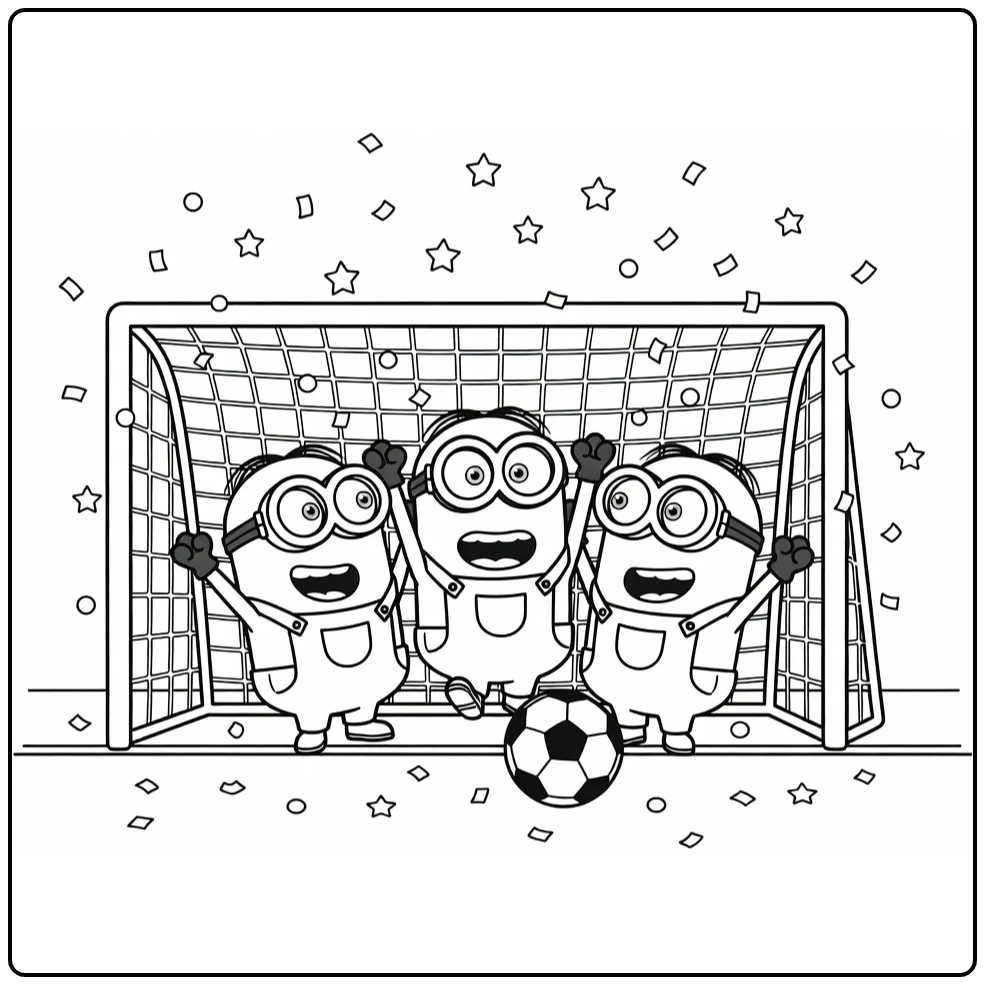 kleurplaat minions voetbal drie minions vieren goal met confetti