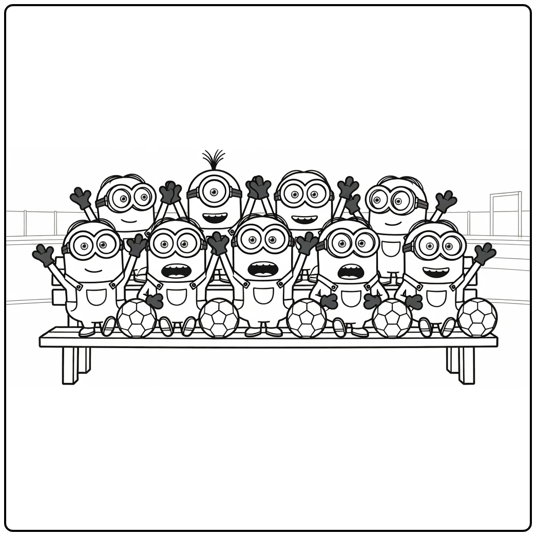 kleurplaat minions voetbal met groep op bank en ballen