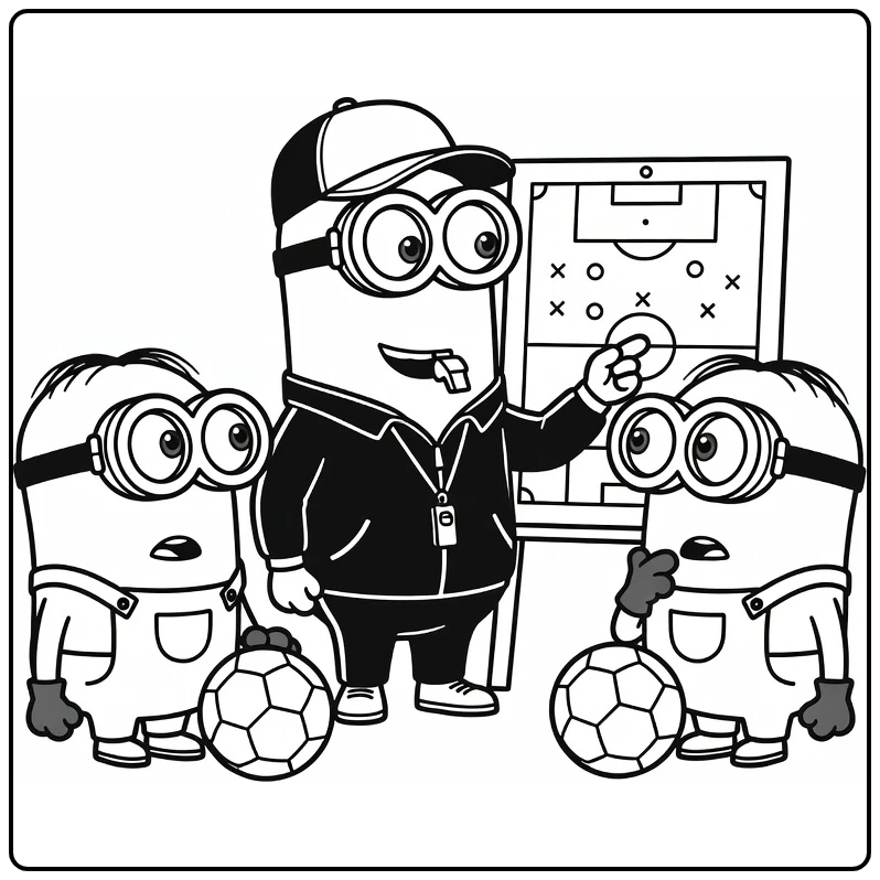 kleurplaat minions voetbal coach met bord en spelers