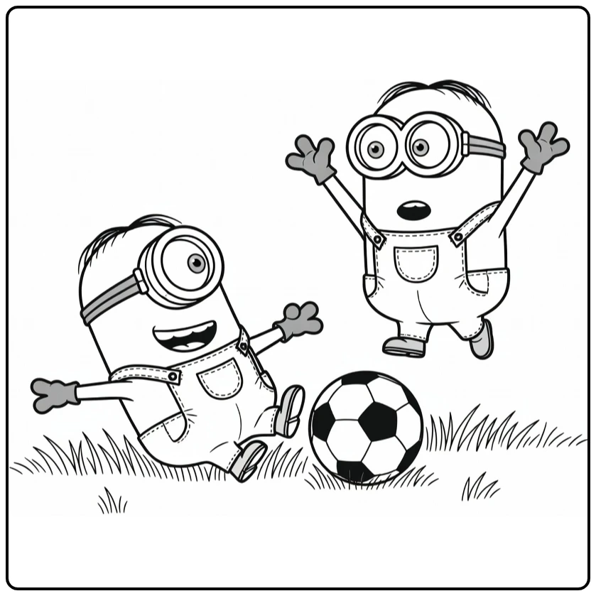 kleurplaat minions voetbal met minion die naar bal glijdt