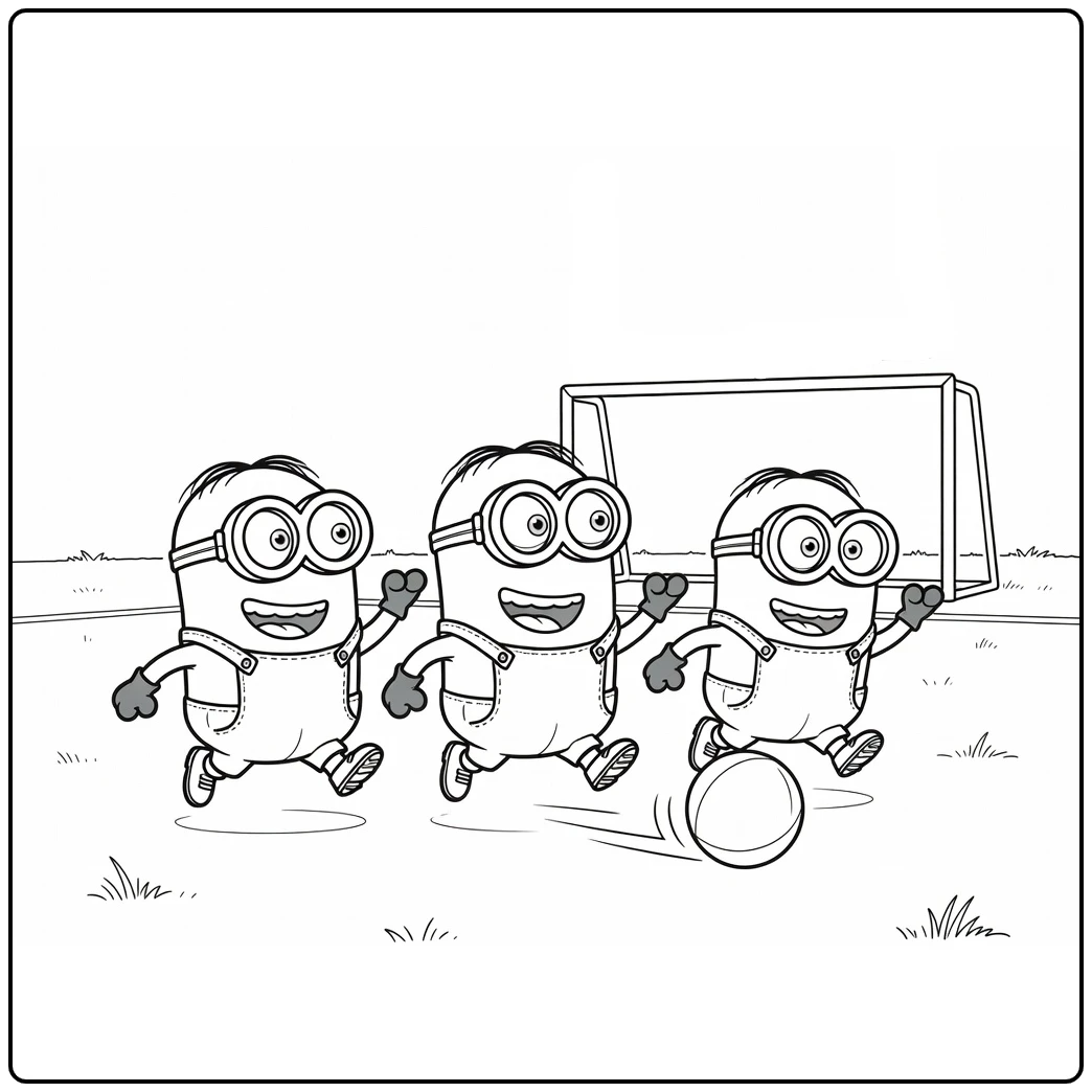 kleurplaat minions voetbal van drie Minions op jacht naar de bal