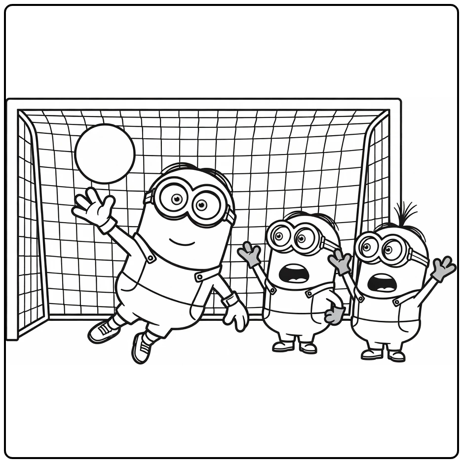 kleurplaat minions voetbal met keeper en supporters