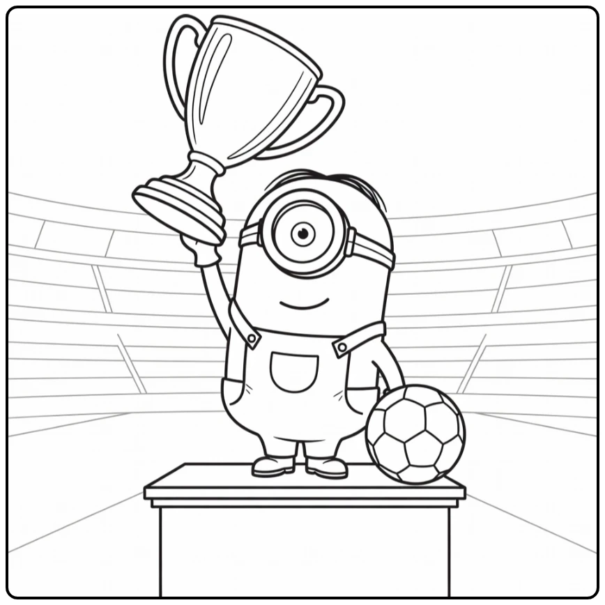 kleurplaat minions voetbal met Minion kapitein en trofee