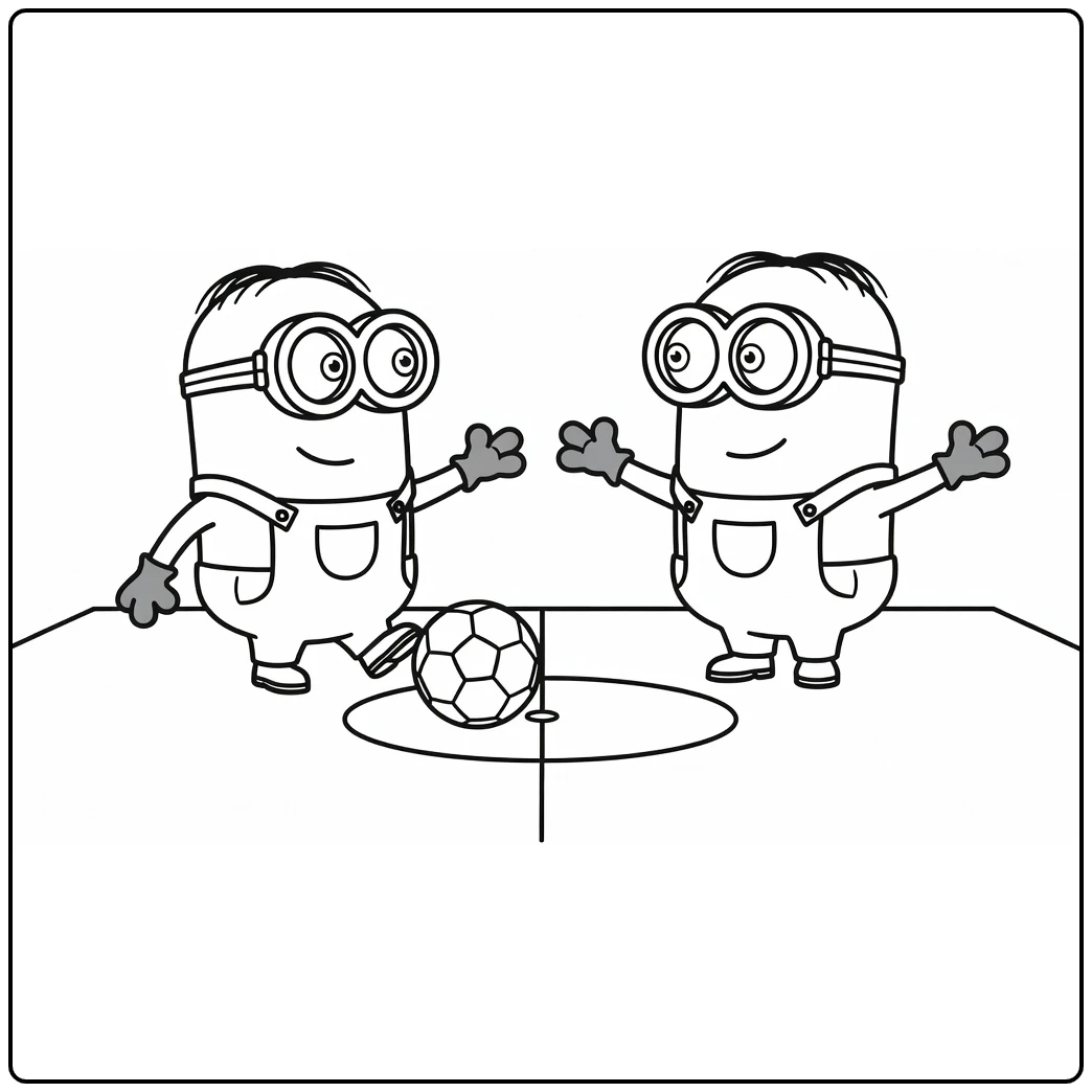 kleurplaat minions voetbal met twee minions die voetballen