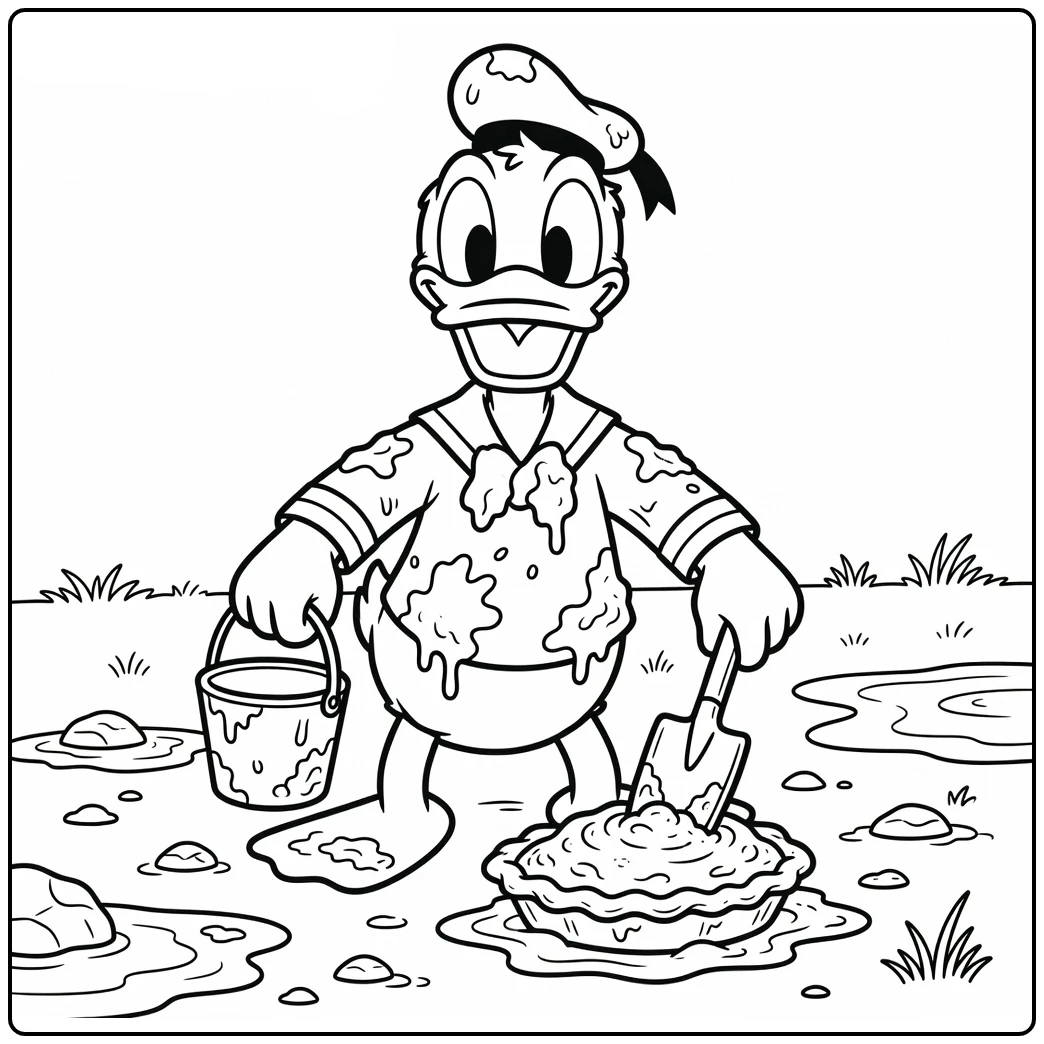 kleurplaat modderdag Donald Duck maakt moddertaart