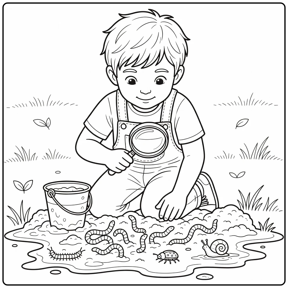 kleurplaat modderdag met kind en wormen in tuin