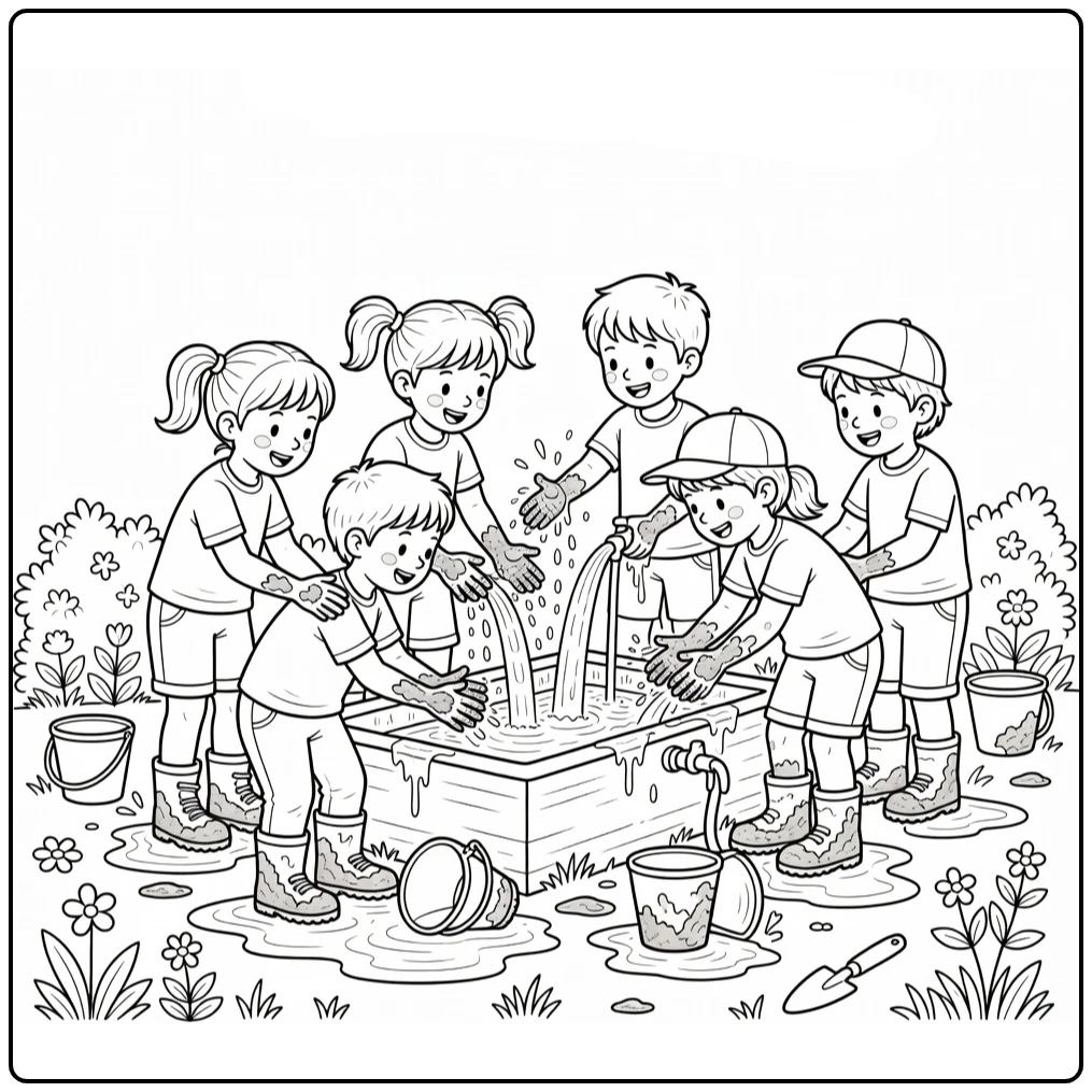 kleurplaat modderdag kinderen spoelen handen en laarzen