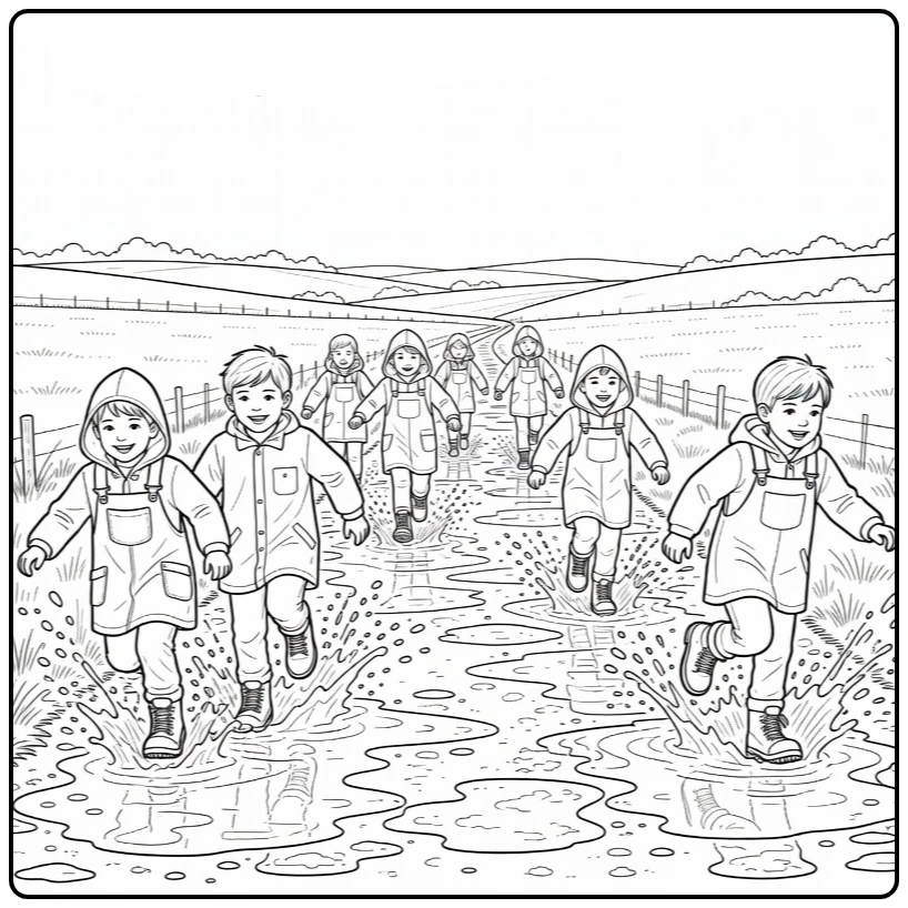 kleurplaat modderdag kinderen rennen door modderplassen