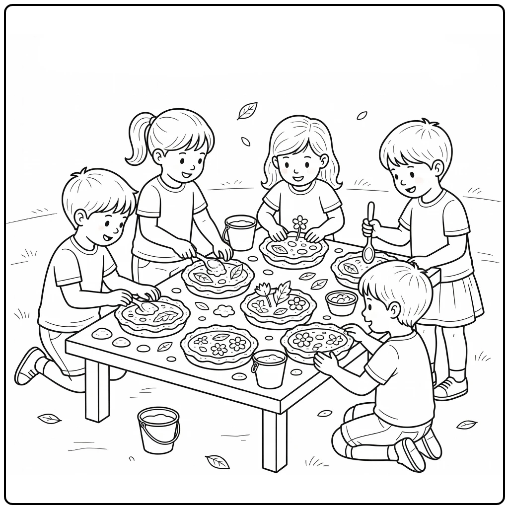 kleurplaat modderdag kinderen maken moddertaarten op tafel