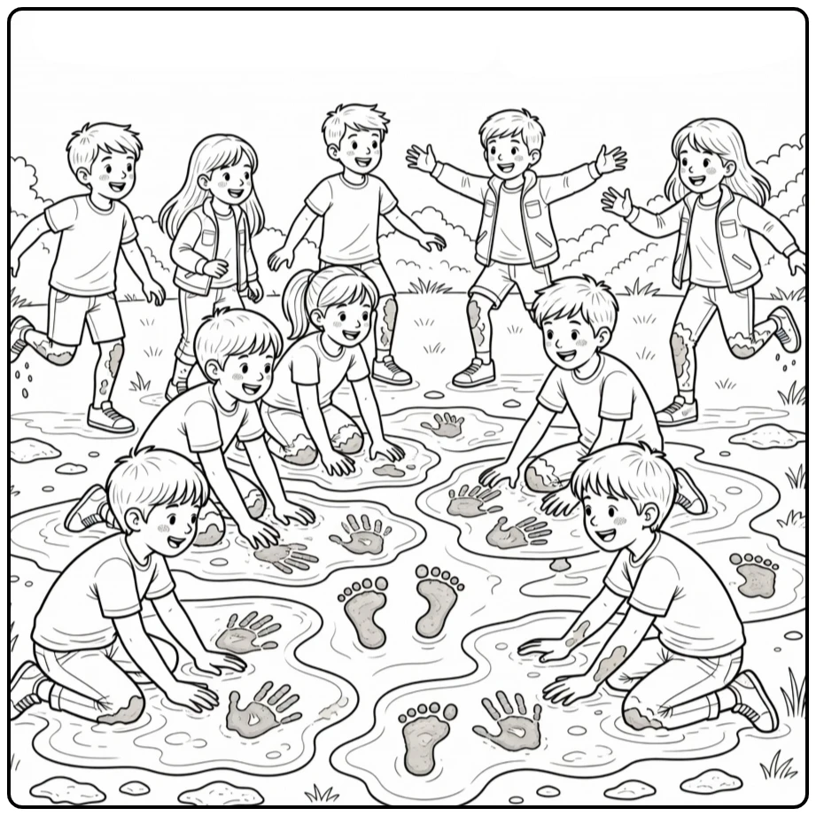 kleurplaat modderdag kinderen maken afdrukken in modder