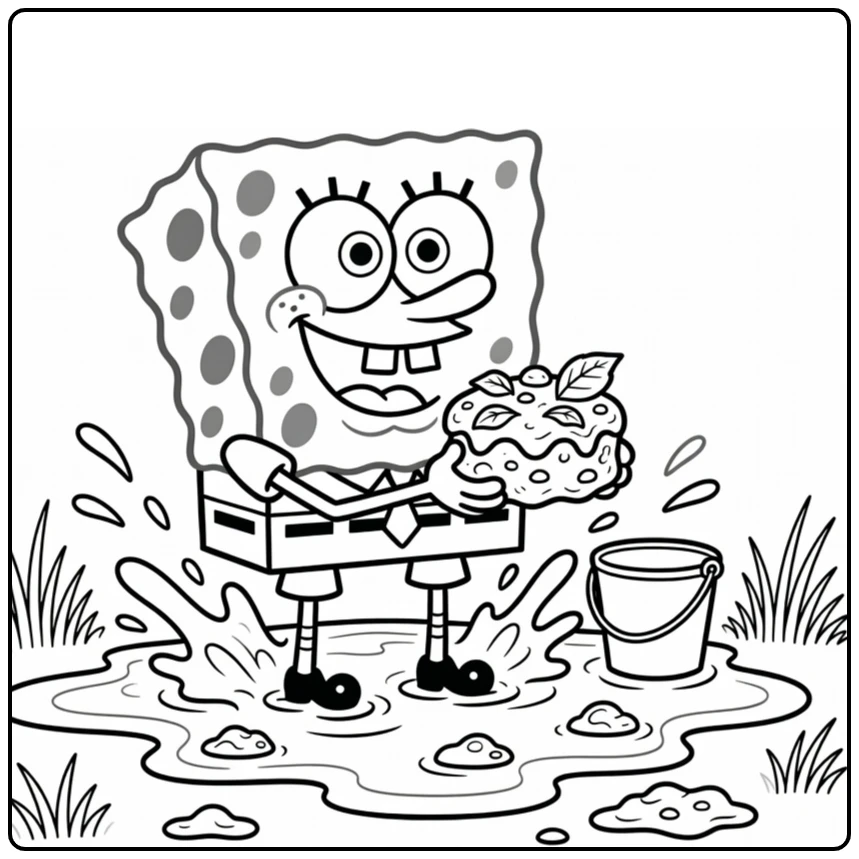 kleurplaat modderdag SpongeBob in modderplas
