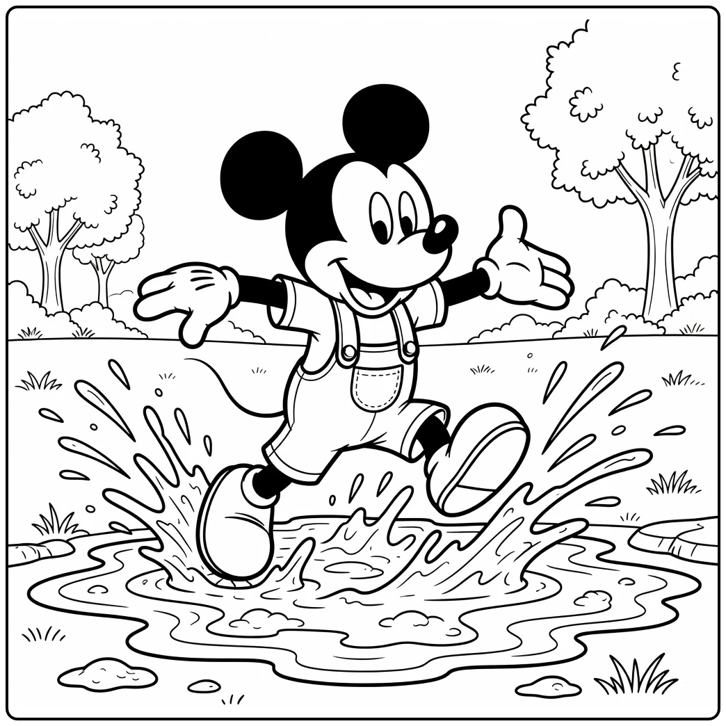 kleurplaat modderdag Mickey Mouse springt in modderplas