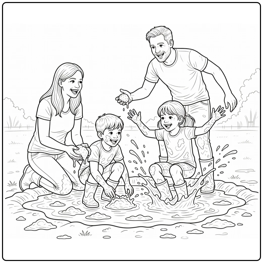 kleurplaat modderdag met lachende familie in modder
