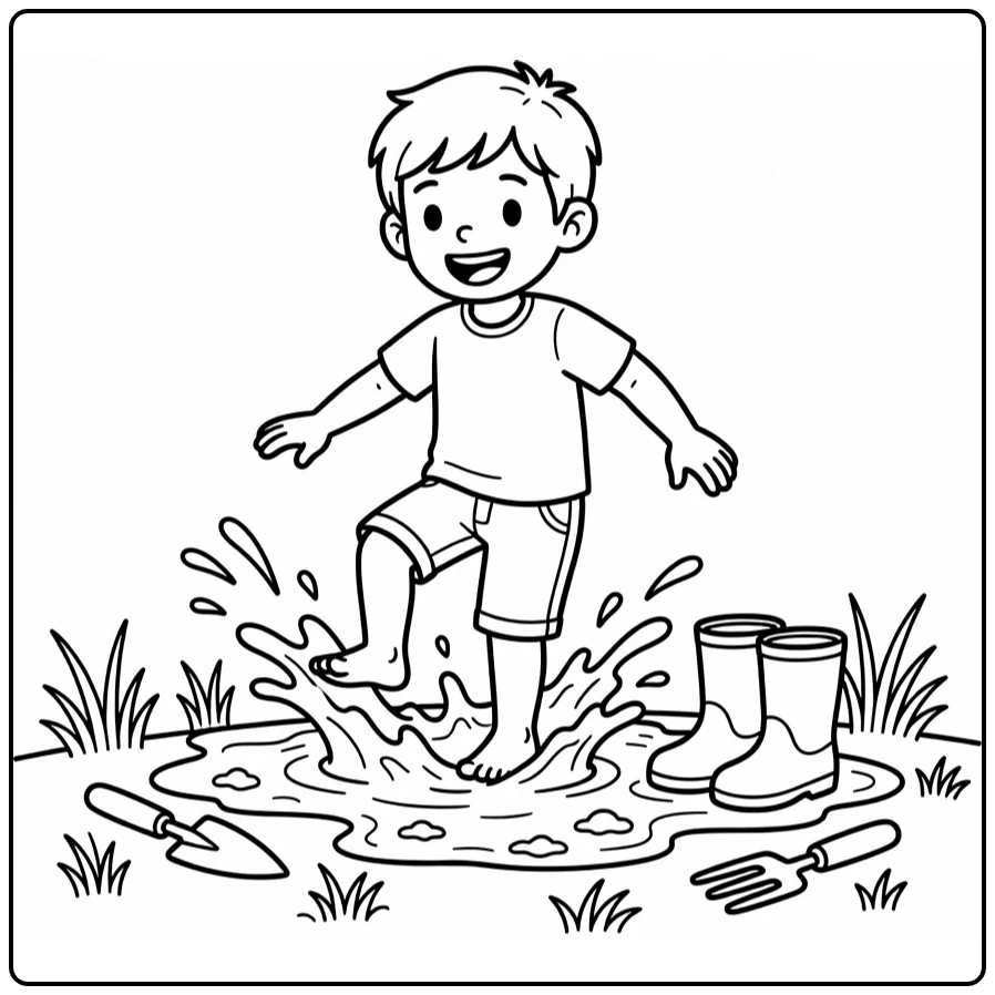 kleurplaat modderdag met kind in modderplas