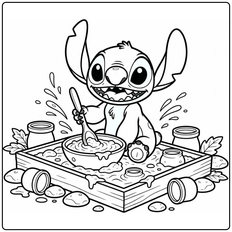 kleurplaat modderdag met Stitch in modderkeuken