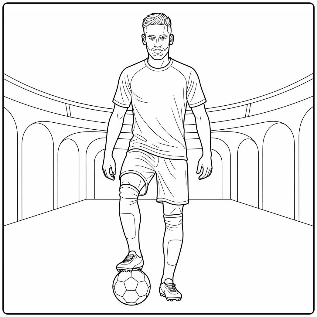 kleurplaat neymar in heroïsche pose met voet op bal