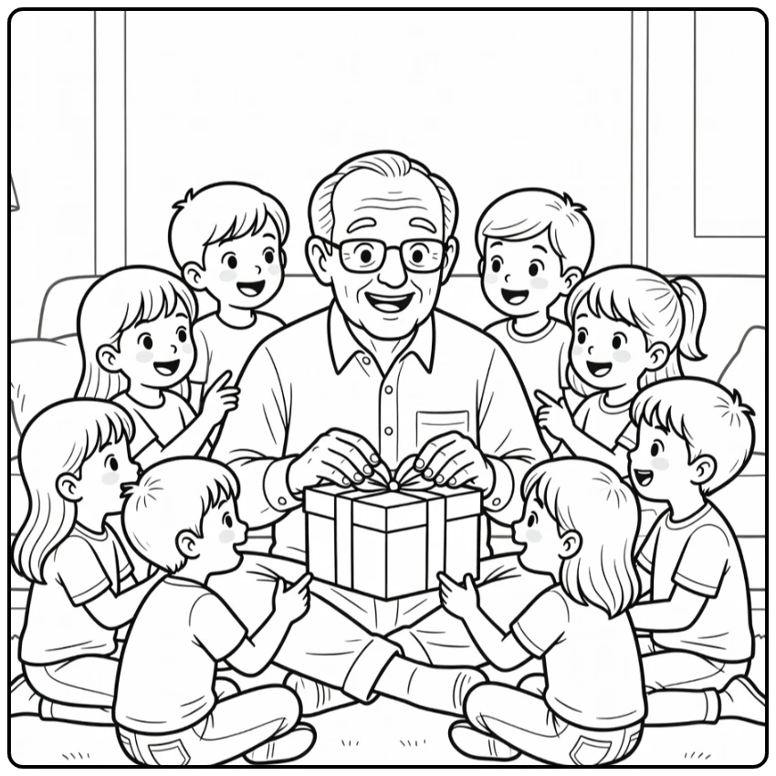 kleurplaat opa jarig met opa die cadeautje opent