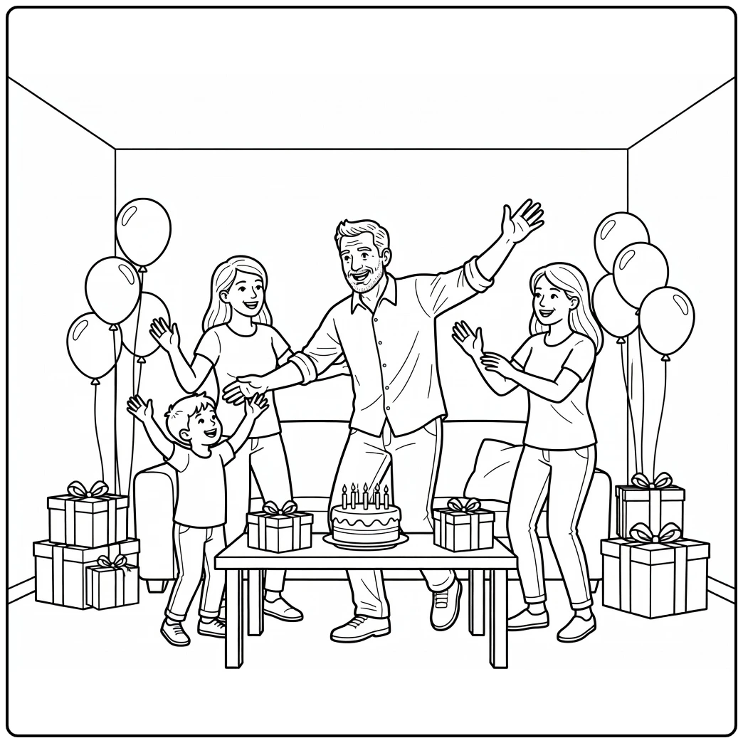 kleurplaat papa jarig vader danst met familie op verjaardag
