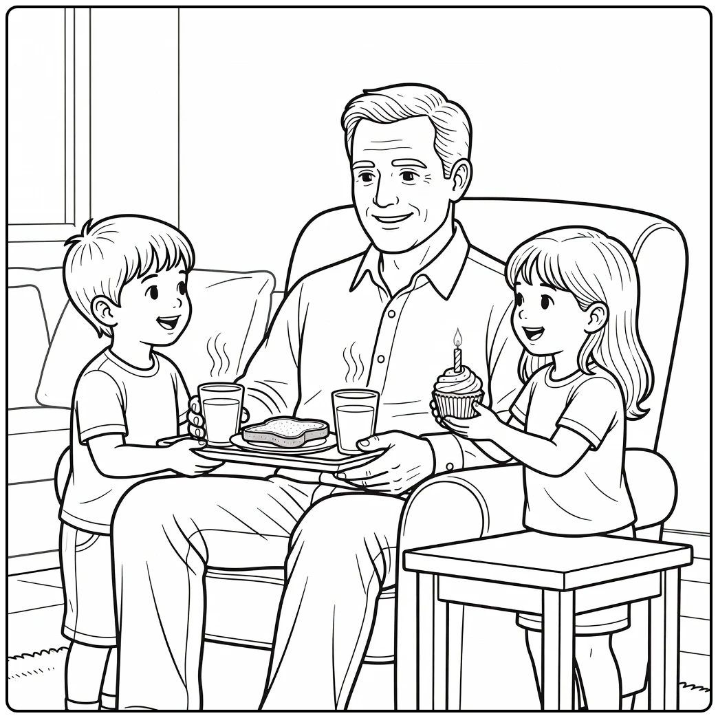 kleurplaat papa jarig vader in fauteuil met kinderen