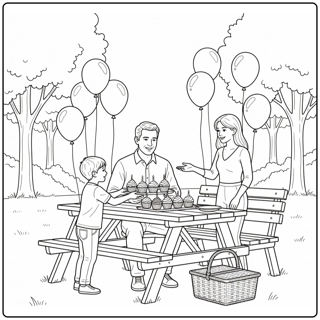 kleurplaat papa jarig met picknick en cupcakes