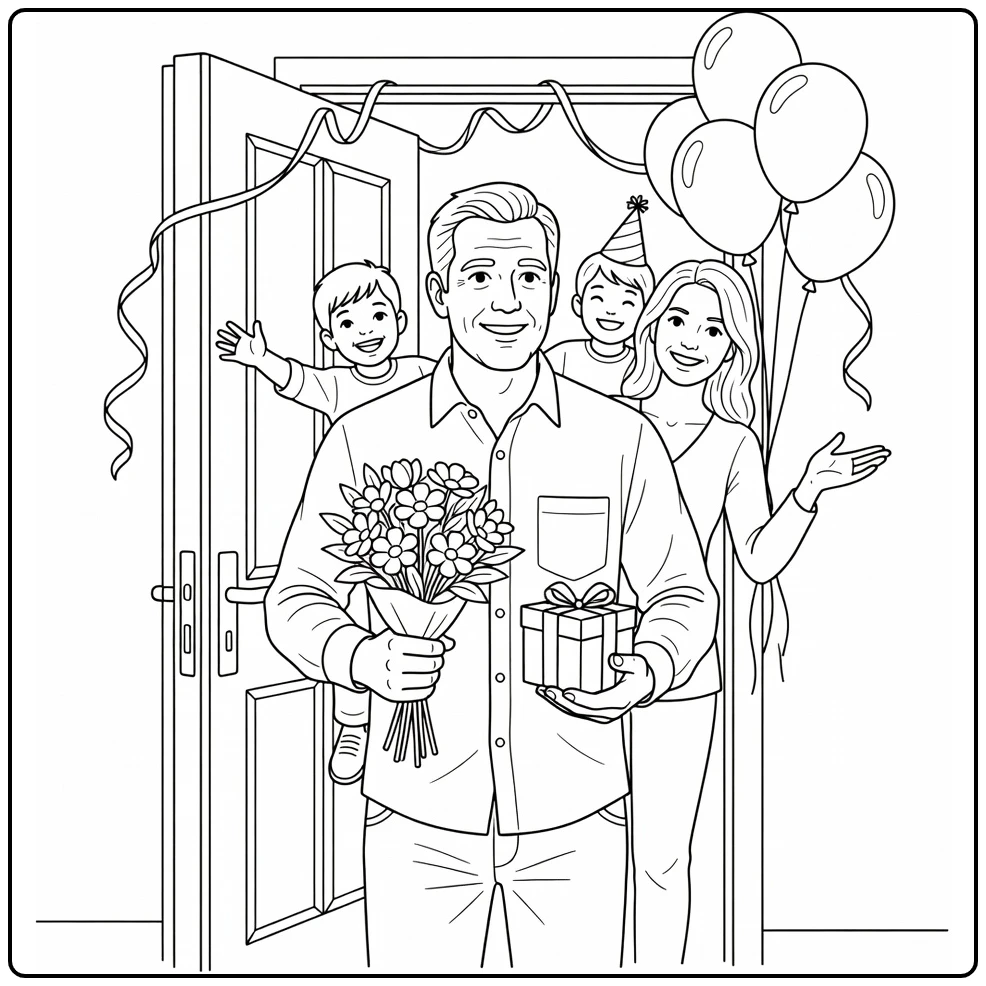 kleurplaat papa jarig met boeket en cadeau aan deur