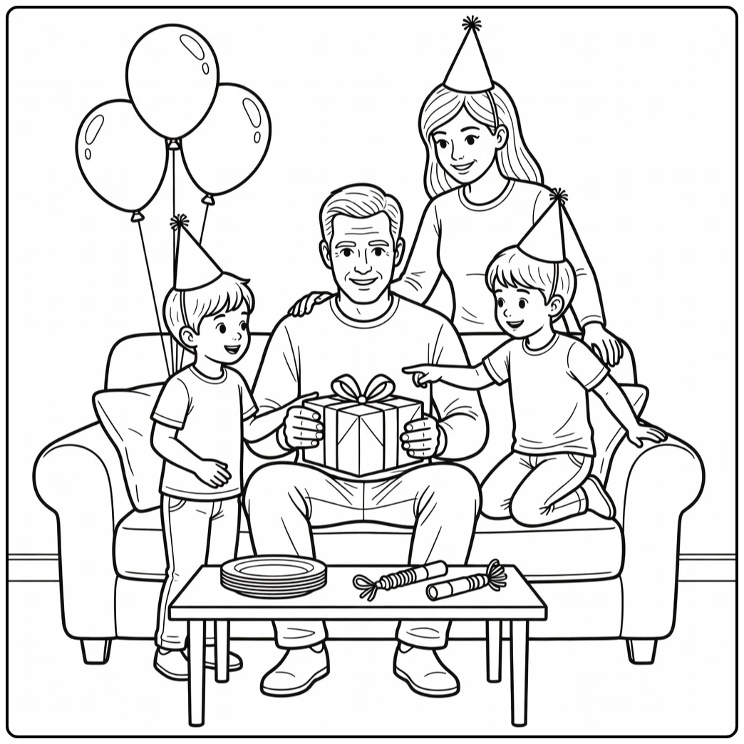 kleurplaat papa jarig vader opent cadeau met familie