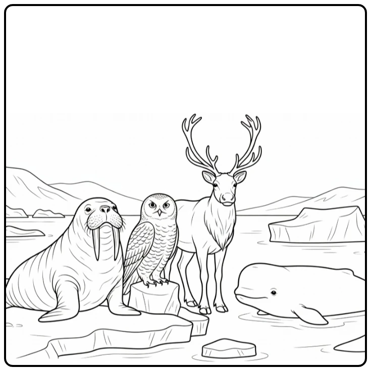 Kleurplaat pooldieren met walrus en rendier
