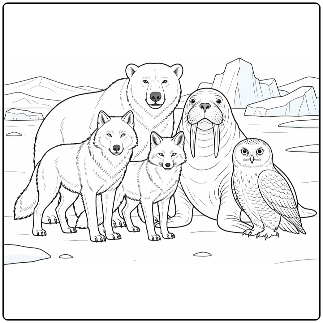 kleurplaat pooldieren met ijsbeer wolf vos walrus en uil