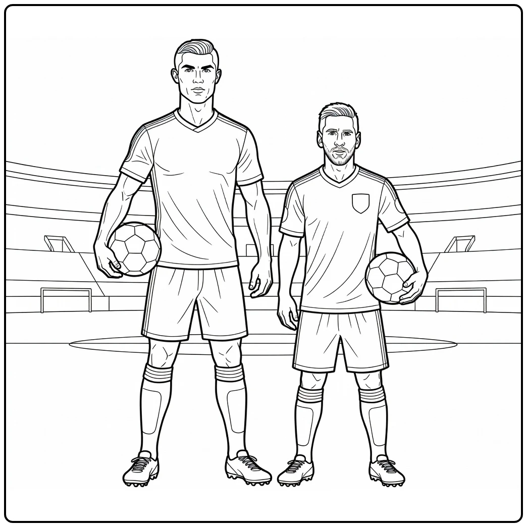 kleurplaat ronaldo en messi op voetbalveld met bal